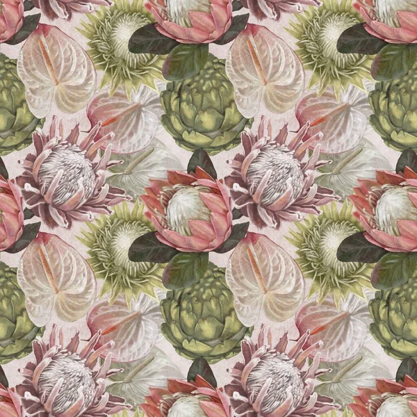 Protea Seamless Pattern Watercolor Realist Flowers Protea Anthurium Illustration Wallpaper — Stok fotoğraf