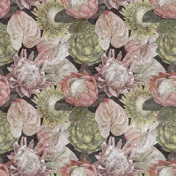 Protea Seamless Pattern Watercolor Realist Flowers Protea Anthurium Illustration Wallpaper — Fotografia de Stock