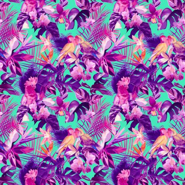 Tropik suluboya desenli. Gerçekçi yapraklar ve papağanlar. Parlak baskı. Yüksek kaliteli illüstrasyon