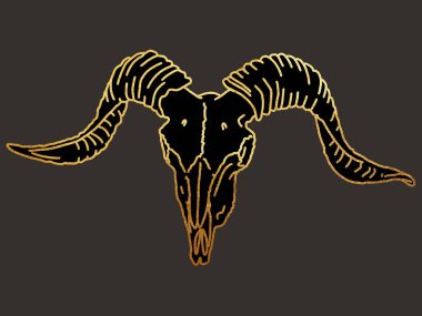 Tepesinde bir koçun kafatası. Koyu arkaplanda altın çizgiler olan grafik çizimleri. Yüksek kaliteli illüstrasyon