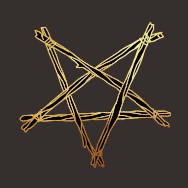 tarot card. a witchs pentagram of twigs. graphic illustration with golden lines on a dark background. High quality illustration clipart