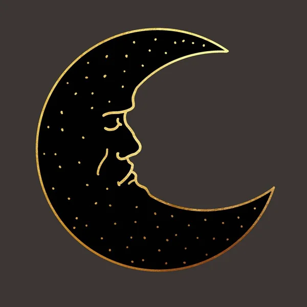 Illustration of a crescent moon. Moon tarot card. graphic illustration with gold lines on a dark background. High quality illustration