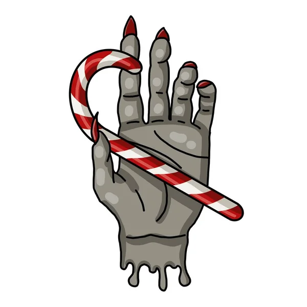 クレプマスだ ひどいクリスマスだわ ゴシック 魔女グレーの手はクリスマスロリポップを持ってる 高品質のイラスト — ストック写真