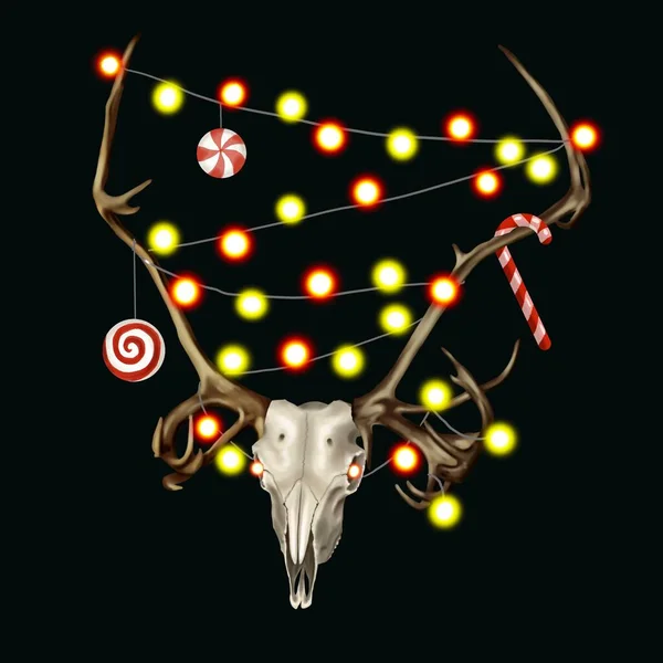 クリスピーなクリスマス鹿 頭蓋骨の鹿とクリスマスのガーランド 水彩リアルなイラスト 高品質のイラスト — ストック写真