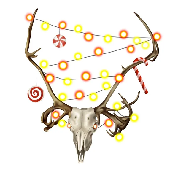 Espeluznantes Una Navidad Terrible Gótico Cráneo Ciervo Con Guirnaldas Ilustración —  Fotos de Stock