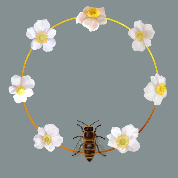 Akvarell Arany Keret Fehér Vadvirágok Vadvirágok Mézelő Méhek Reális Illusztráció — Stock Fotó