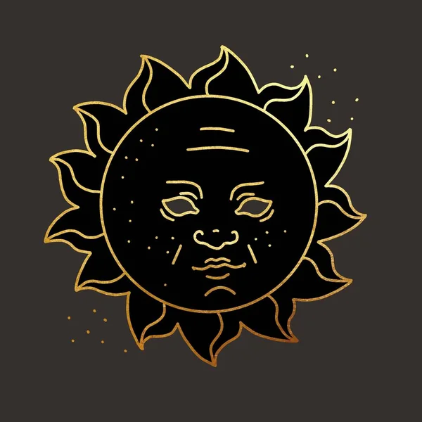 Sun tarot card with face. graphic illustration with golden lines on a dark background. High quality illustration