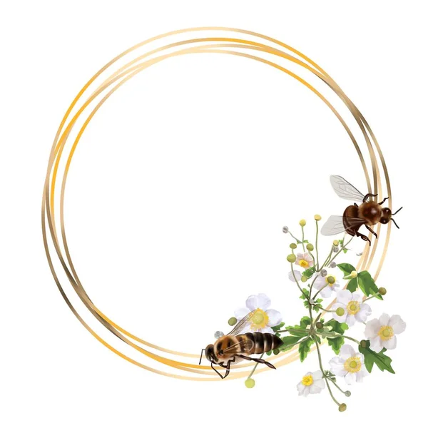 Акварель Золотая Рама Белыми Дикими Цветами Дикие Цветы Медовые Пчелы — стоковое фото