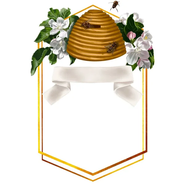 Akvarelový Rám Hřeben Včely Květiny Med Realistická Ilustrace Vysoce Kvalitní — Stock fotografie
