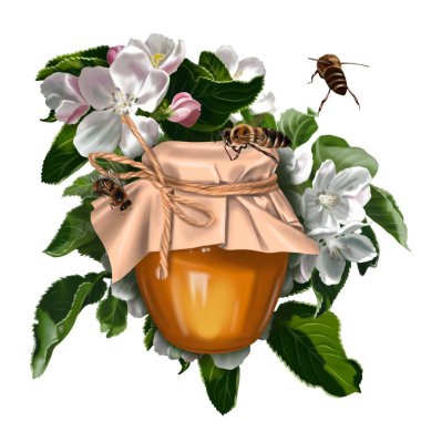 Bal kompozisyonu. Bal, çiçek, bal peteği ve arıların suluboya gerçekçi çizimi. Yüksek kaliteli illüstrasyon