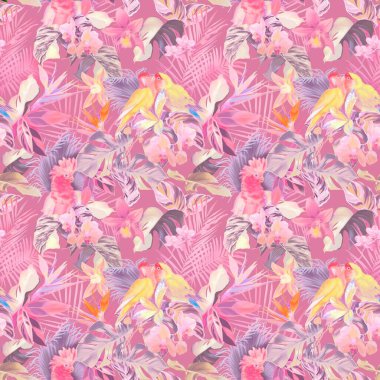 Tropik suluboya desenli. Gerçekçi yapraklar ve papağanlar. Parlak baskı. Yüksek kaliteli illüstrasyon