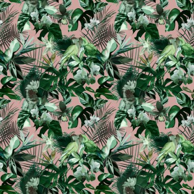 Tropik suluboya desenli. Gerçekçi yapraklar ve papağanlar. Parlak baskı. Yüksek kaliteli illüstrasyon