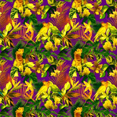 Tropik suluboya desenli. Gerçekçi yapraklar ve papağanlar. Parlak baskı. Yüksek kaliteli illüstrasyon