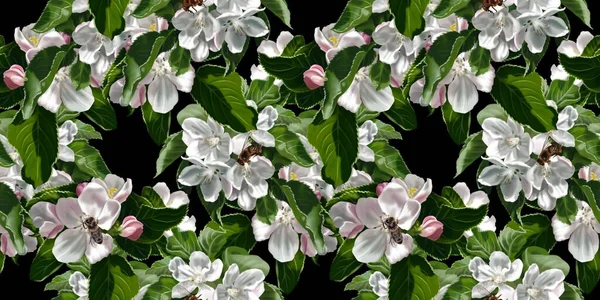Płynny Wzór Kwiatów Jabłoni Akwarelowa Ilustracja Białych Dzikich Kwiatów Ralizm — Zdjęcie stockowe