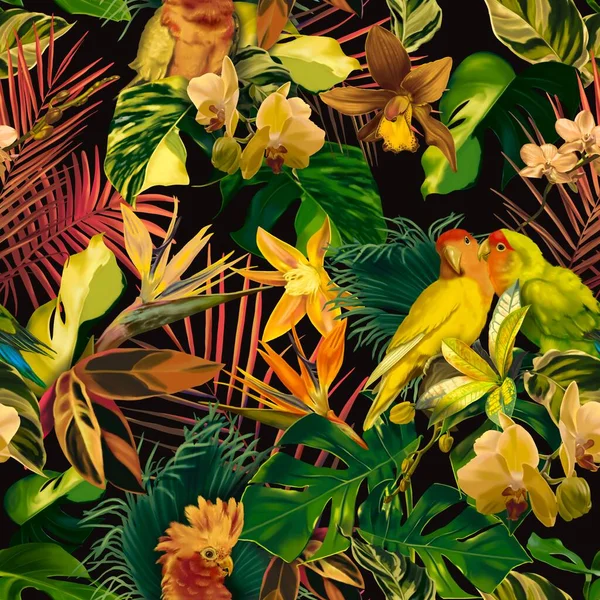 热带水彩画无缝图案 现实的树叶和鹦鹉 明亮的印刷 高质量的例证 — 图库照片