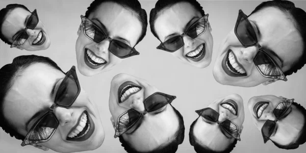 Collage Cabeza Una Mujer Con Gafas Fotos de stock