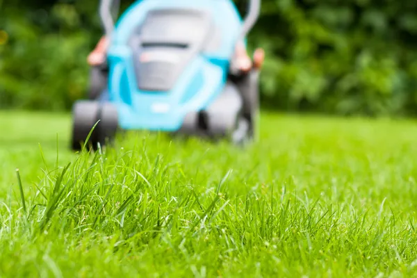 Blå gräsklippare på gröna gras — Stockfoto