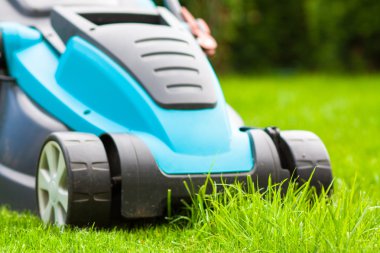 Yeşil ciğeri üzerinde mavi çim biçme makinesi