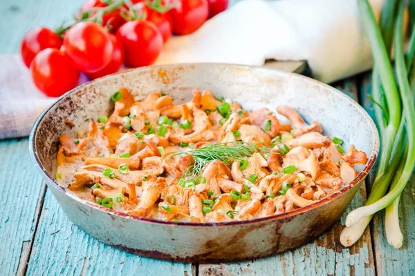 Fried chanterelle mushrooms with green onions in a frying pan — Stock Photo, Image