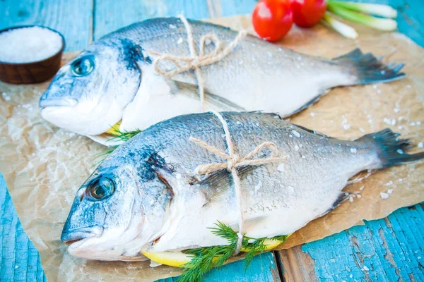 Two raw dorada fishes with lemon, green onions, cherry tomatoes and sea salt — Stock Photo, Image