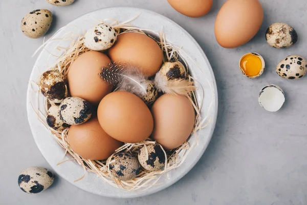 生有机农场鸡肉和鹌鹑蛋在灰石背景的碗里 上视图 — 图库照片