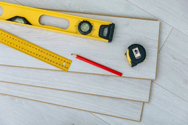 Laminate Installing Equipment Planks Close — Stock Photo, Image