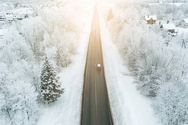 Aerial View Snow Winter Road Car Sunrise Beautiful Landscape — Stock Photo, Image