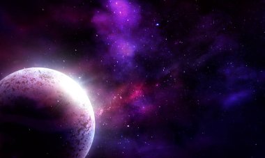 abstract space illustration, moon planet and blue light from stars, background clipart