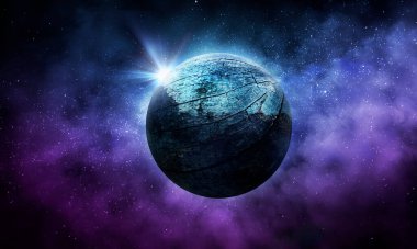 , soyut uzay 3 boyutlu illüstrasyon, uzayda gezegen ve parlayan yıldızlar, arkaplan