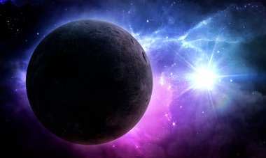 soyut uzay illüstrasyonu, 3 boyutlu resim, 3 boyutlu görüntü, arkaplan resmi, yıldızların, bulutsuların ve uyduların parlaklığında uzayda bir gezegen