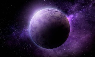 uzayda mor renkli ay, soyut uzay çizimi, 3 boyutlu resim, arkaplan