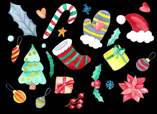 ツリーとクリスマスの装飾 ポインセチアとホリー サトウキビとギフト かわいい水彩画のセット 黒を背景に新年とクリスマスのためのフリーハンドの絵 — ストック写真