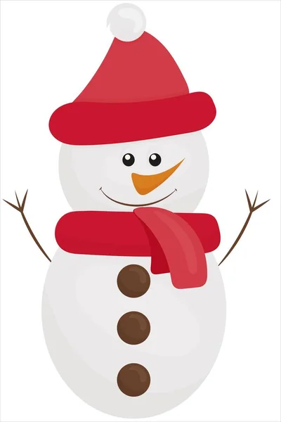 Schattige Sneeuwpop Een Rode Hoed Een Sjaal Met Een Wortelneus — Stockvector