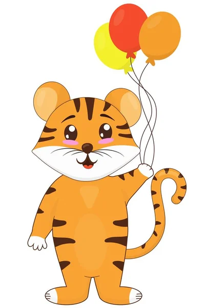 Niedliches Tigerjunges Stehend Mit Luftballons Symbol Des Neuen Jahres 2022 — Stockvektor