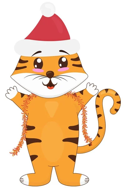 Милый Тигр Детеныш Стоящий Шляпе Санта Клауса Гирлянде Мишура Символ — стоковый вектор