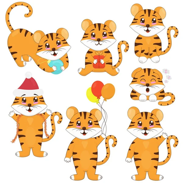 Niedliches Tigerbaby Mit Luftballons Weihnachtsmannmütze Mit Geschenk Weihnachtsmannmütze Mit Lametta — Stockvektor