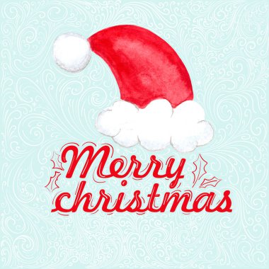 Altın desenli dekoratif çelenk ve noktalı çelenk, açık mavi arkaplanda kırmızı harfli suluboya kart mutlu noeller