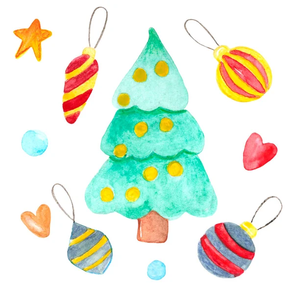 Groene Kerstboom Kerstboom Decoraties Ballen Ijspegels Set Van Leuke Aquarel — Stockfoto