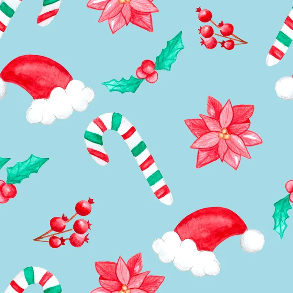 Santa Hat Sugar Cane Poinsettia Holly Seamless Pattern Gift Wrapping — стоковое фото