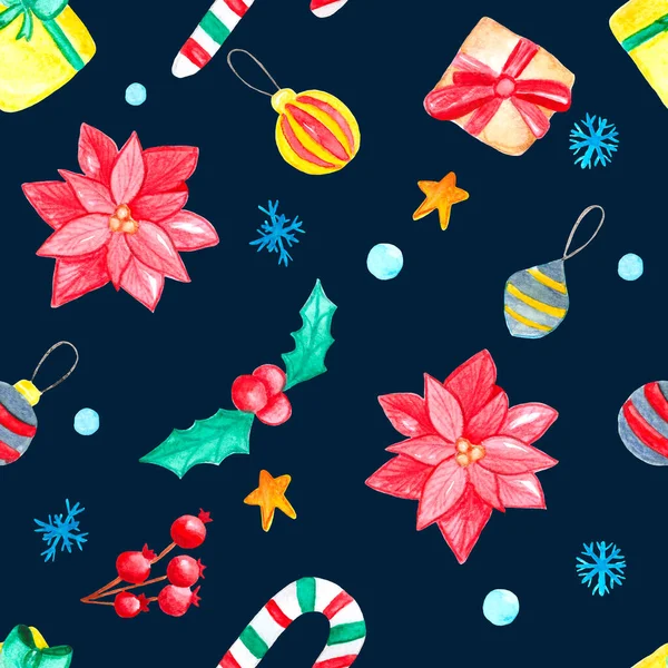 Poinsettia Gift Holly Ball Tree Sugar Cane Seamless Pattern Gift — стоковое фото