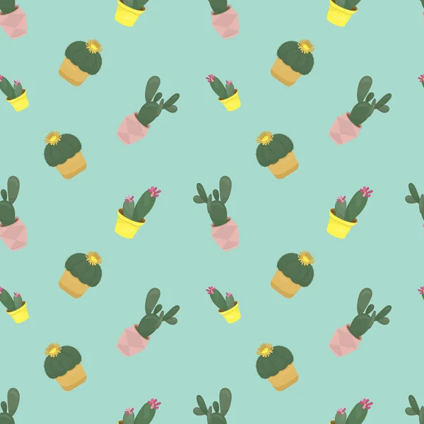 Cacti Colored Pots Houseplant Vector Illustration Vector Seamless Pattern Cacti — Vetor de Stock