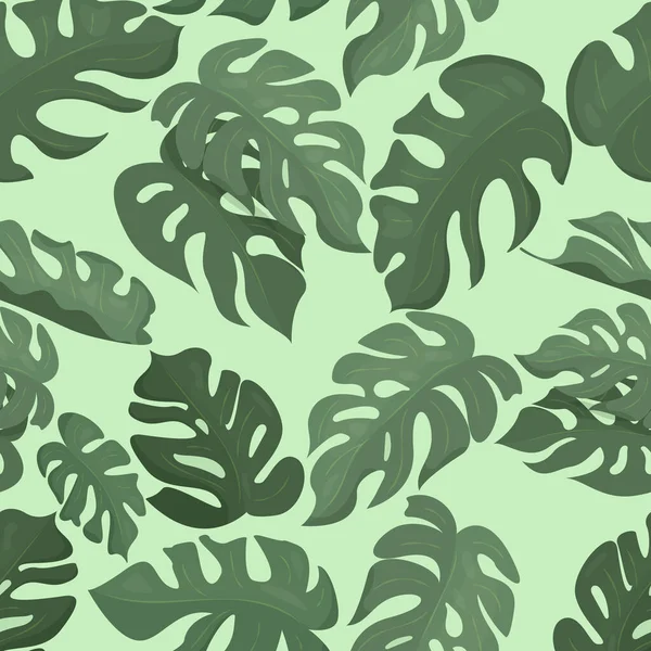 Large Monstera Leaves Light Green Background Vector Illustration Vector Seamless —  Vetores de Stock