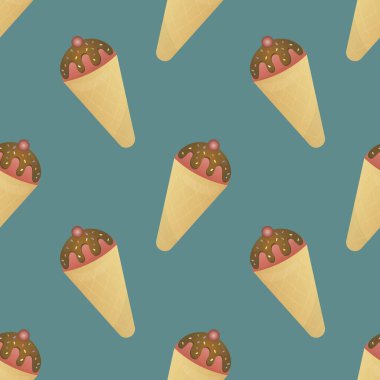 Çikolatalı dondurma ve vişneli waffle külahı çocuklar için turkuaz arka planda vektörsüz desen.