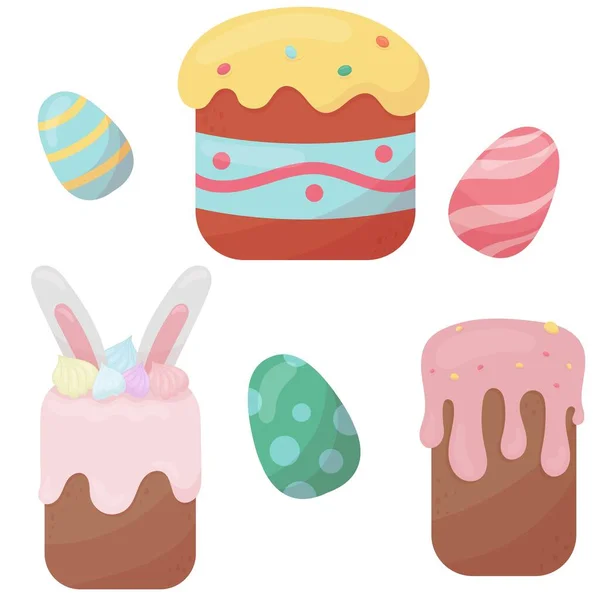 Set Traditional Easter Cakes Painted Eggs Cute Vector Element Flat — Stock Vector