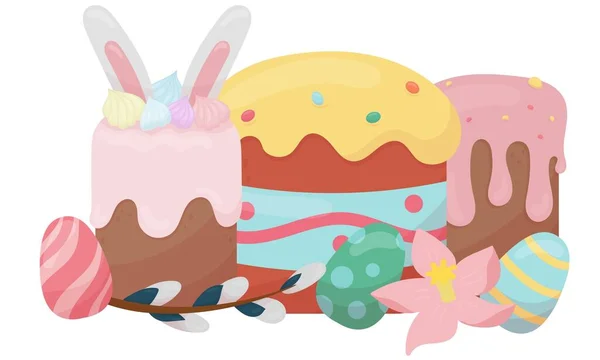 Illust Wielkanocny Tradycyjne Ciasta Wielkanocne Malowane Jajka Wierzba Wiosenne Kwiaty — Wektor stockowy