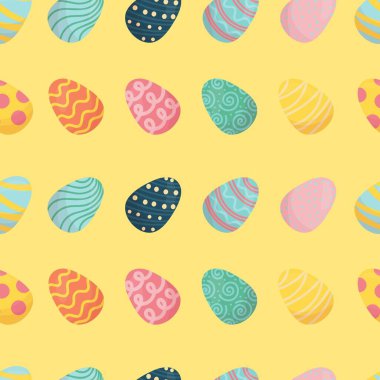 Farklı desenlere sahip renkli paskalya yumurtaları, sarı arkaplanda düz şekilli şirin vektörsüz desenler.