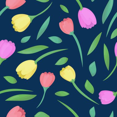 bahar çiçekli laleler - Paskalya ya ya da uluslararası kadınlar günü için buket, mavi arka planda düz şekilli şirin vektörsüz desen