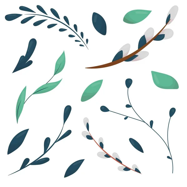 Σετ Χαριτωμένα Ανοιξιάτικα Πράσινα Κλαδιά Και Φύλλα Χαριτωμένο Διανυσματική Απεικόνιση — Διανυσματικό Αρχείο
