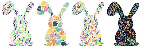 Набор Силуэтов Пасхальных Кроликов Наполненных Пасхальными Яйцами Цветными Конфетти Кругами — стоковый вектор