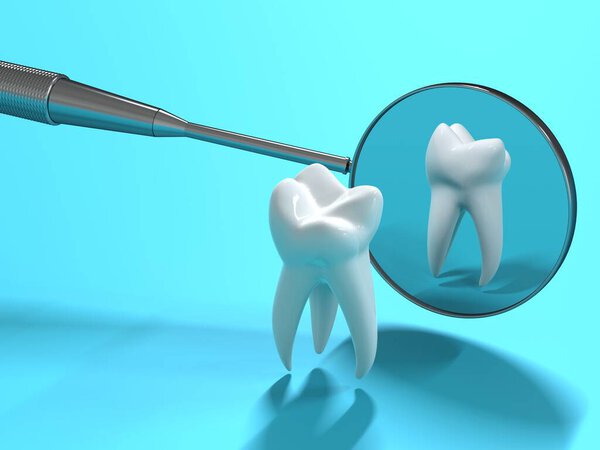 Dental Inspection concept. Reflection of a healthy white tooth in a dental mirror on a blue background. 3d illustration